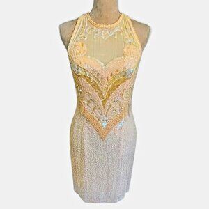 Vintage 90's Nightline Sequin & Beaded Halter Open Back Mini Formal Dress XS/S